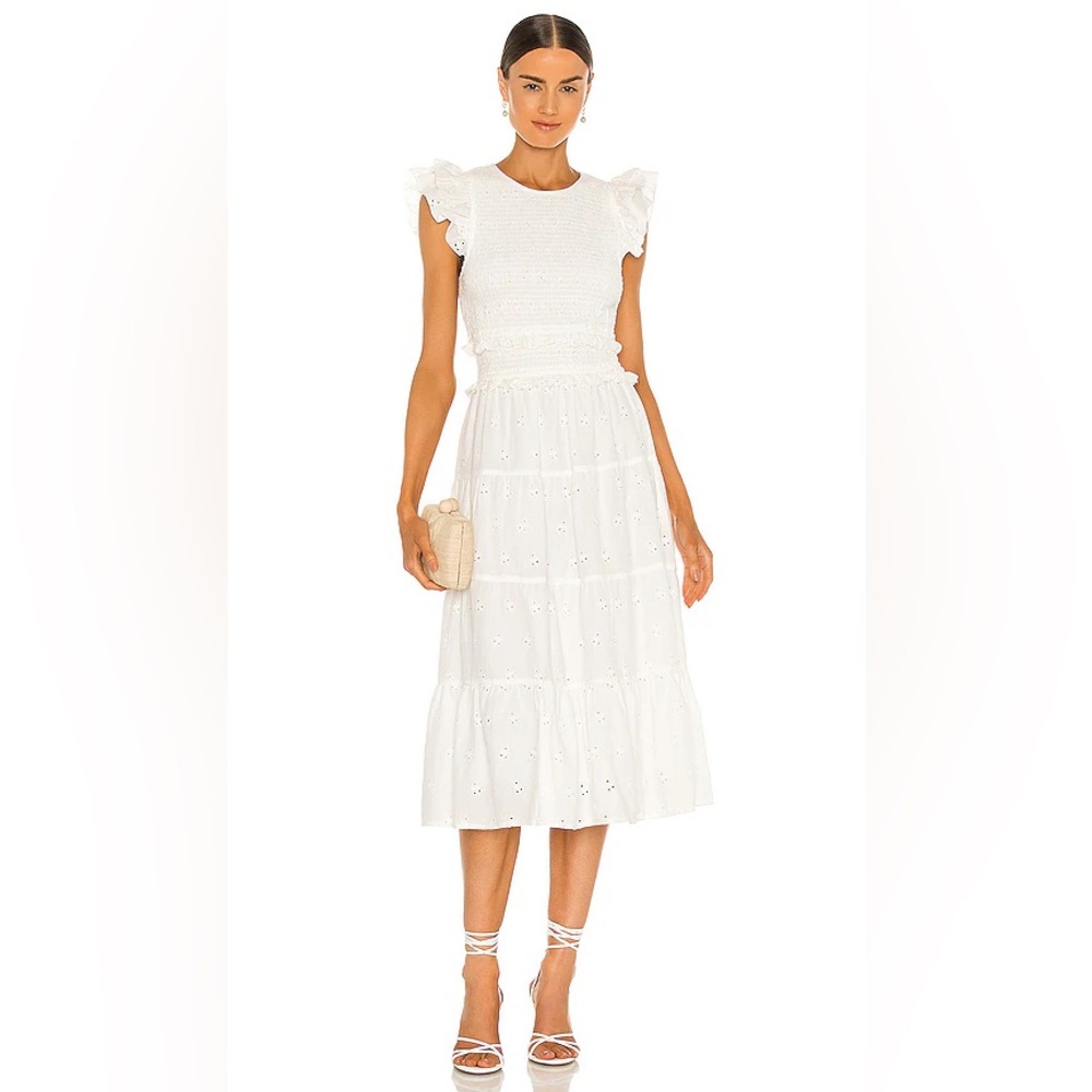 Cleobella Emmy White Eyelet Embroidered Ruffle Smocked Cotton Midi Dress Size M - Picture 4 of 9